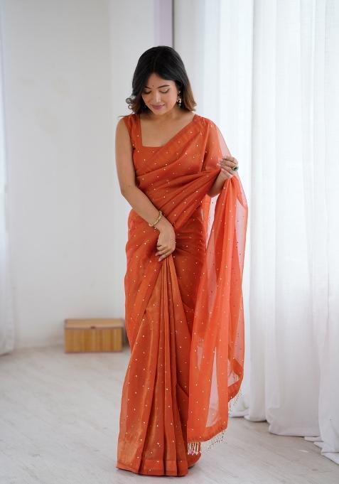 Rust Orange Motif Silk Saree Set