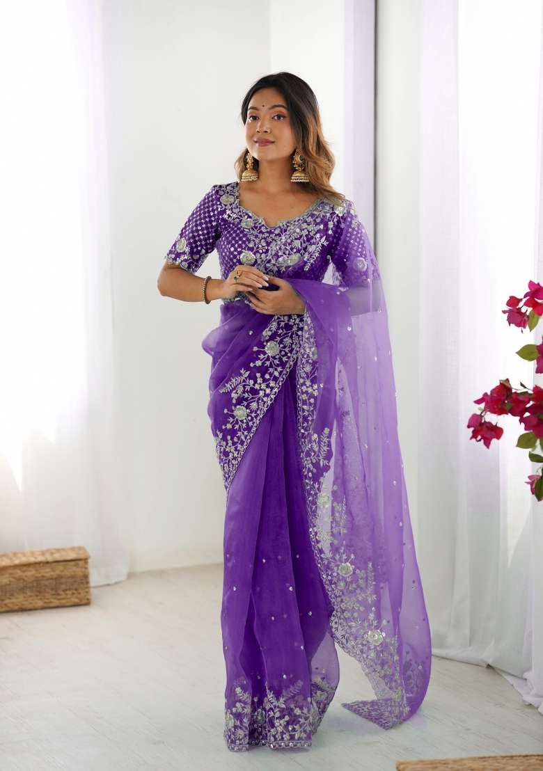 Purple Thread And Sequins Work Silk Blend Saree Set - Indya