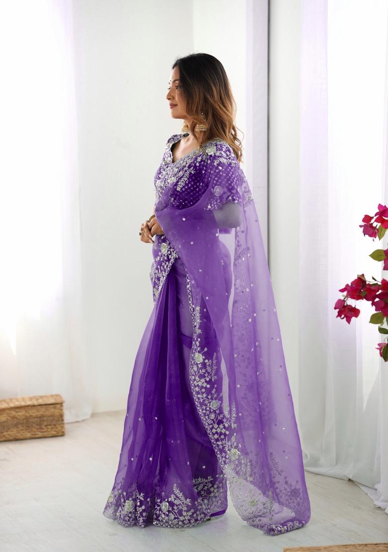 Purple Thread And Sequins Work Silk Saree Set - Indya