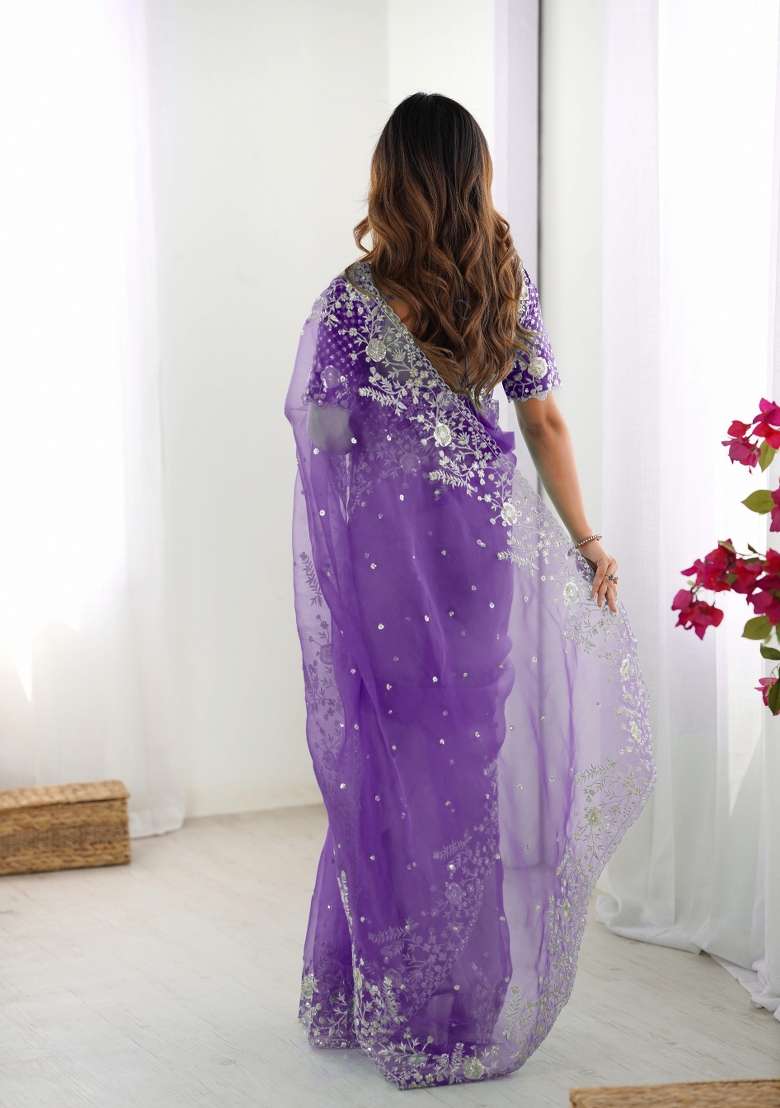 Purple Thread And Sequins Work Silk Blend Saree Set - Indya