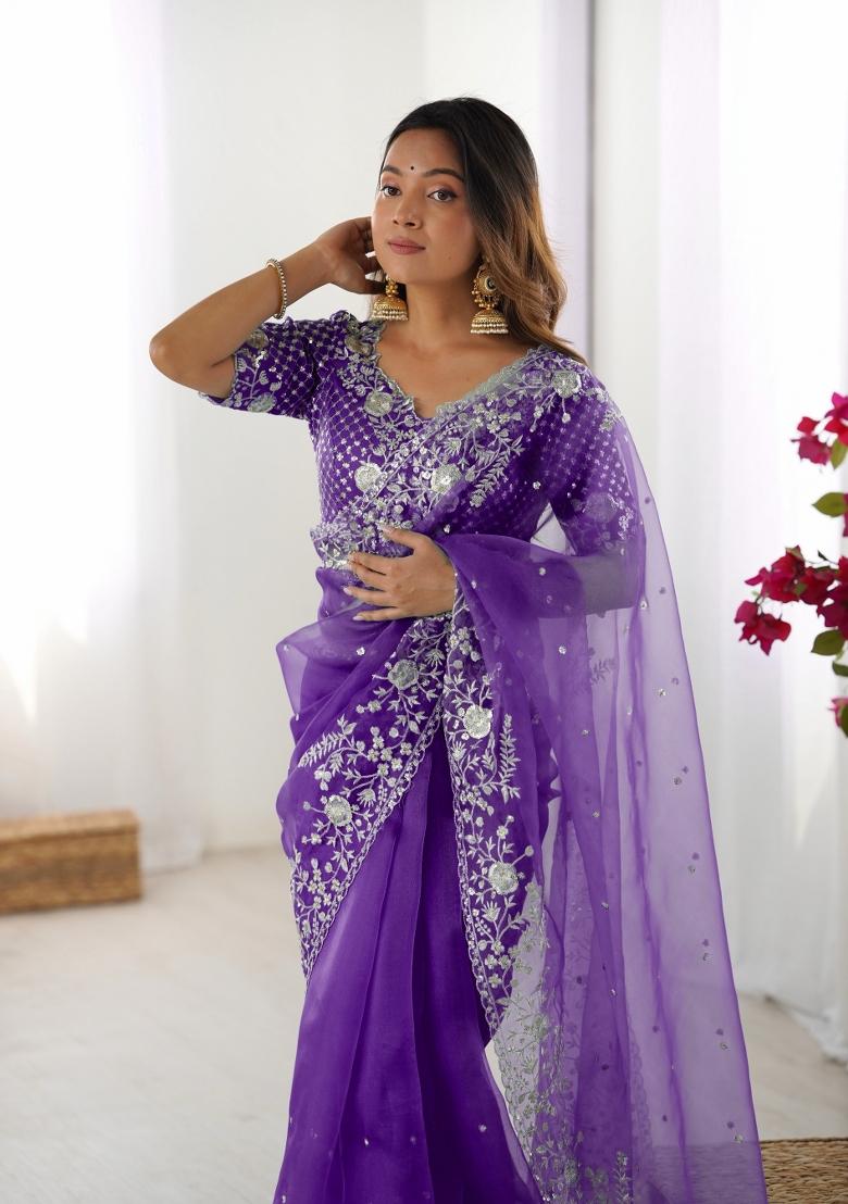 Purple Thread And Sequins Work Silk Saree Set - Indya