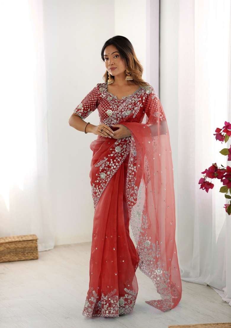 Red Thread And Sequins Work Silk Blend Saree Set - Indya