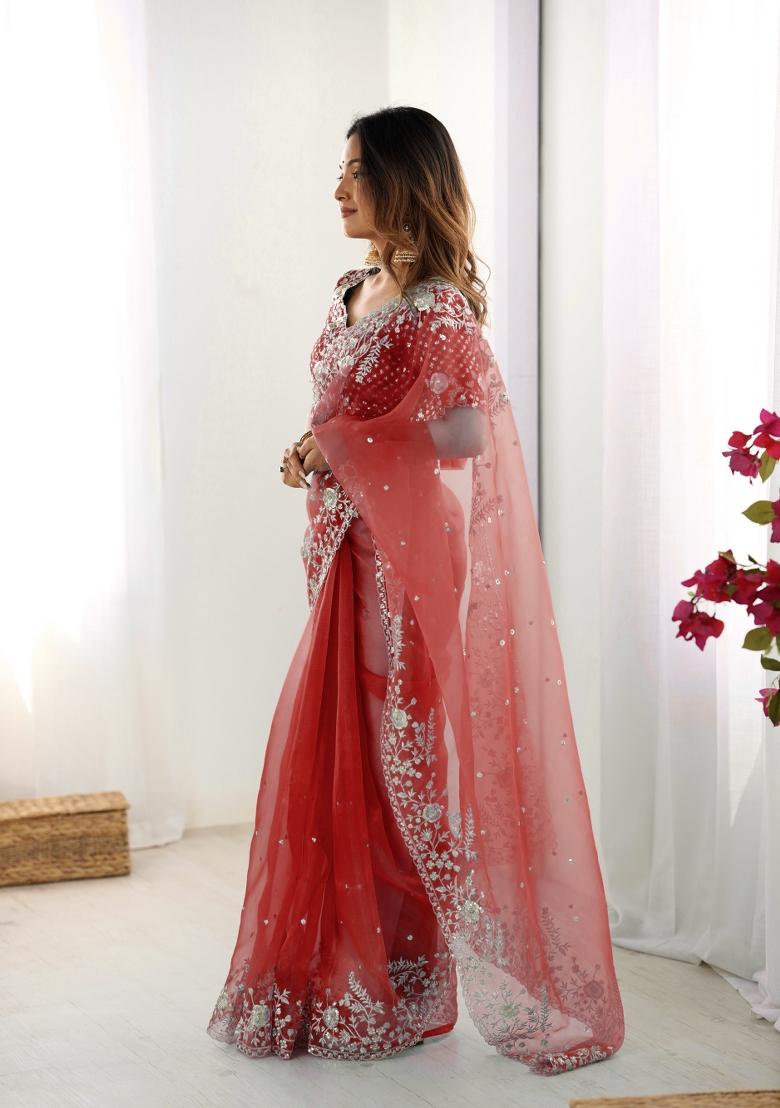 Red Thread And Sequins Work Silk Saree Set - Indya