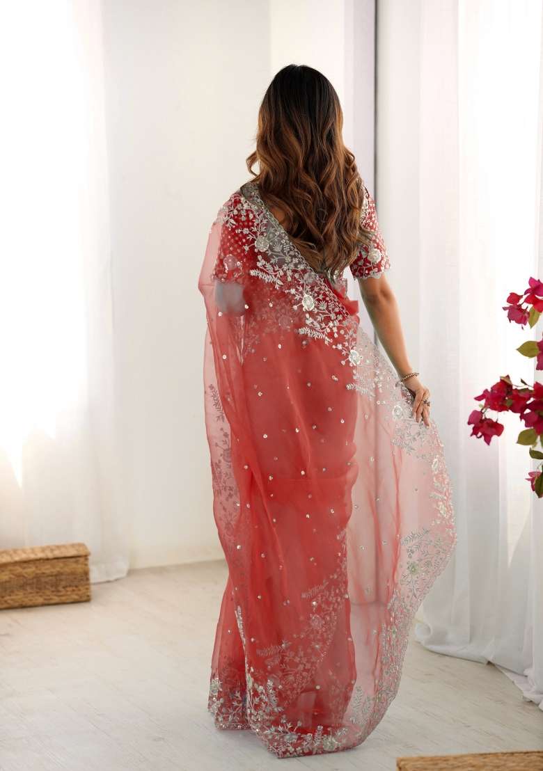 Red Thread And Sequins Work Silk Blend Saree Set - Indya