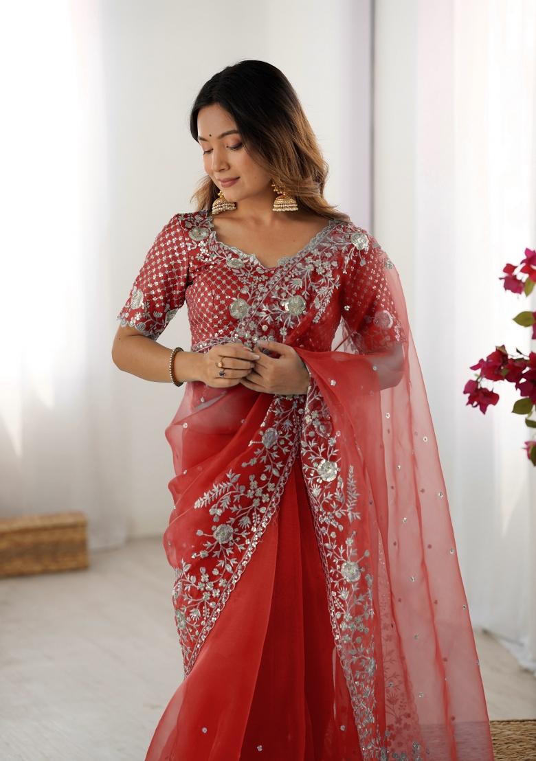 Red Thread And Sequins Work Silk Saree Set - Indya