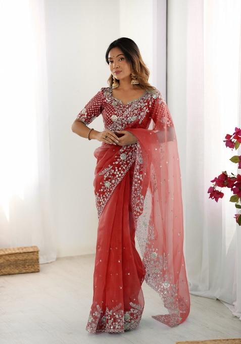 Red Thread And Sequins Work Silk Saree Set