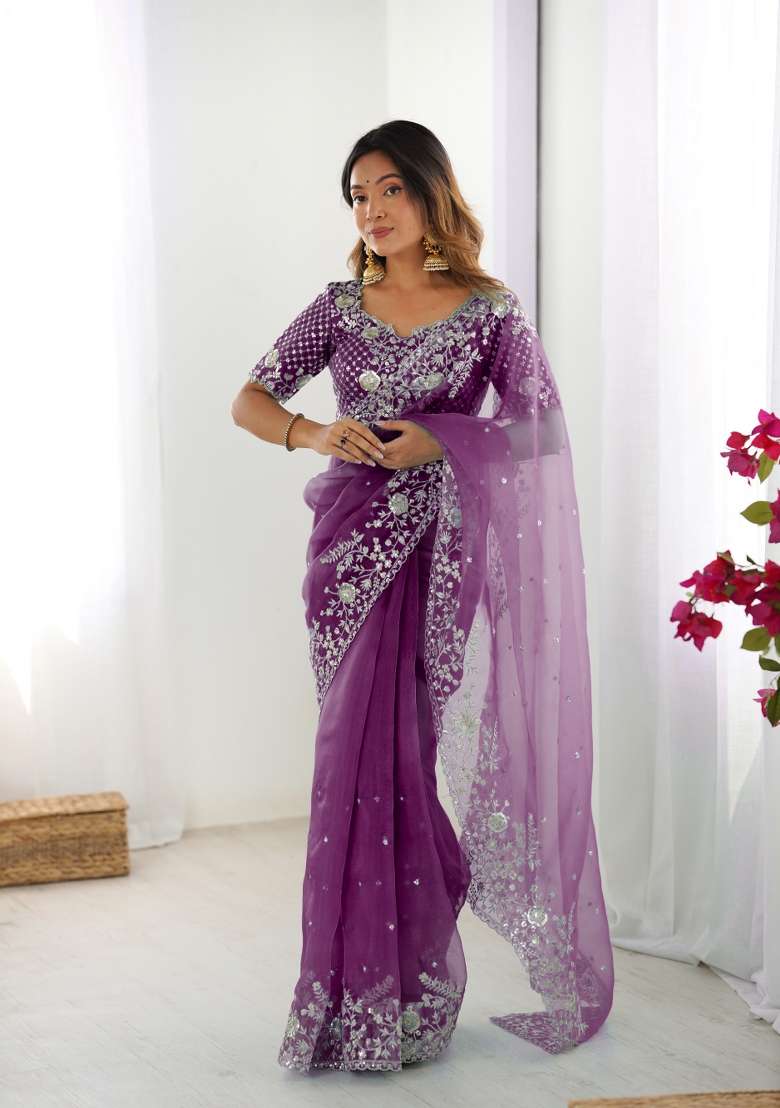 Wine Thread And Sequins Work Silk Blend Saree Set - Indya