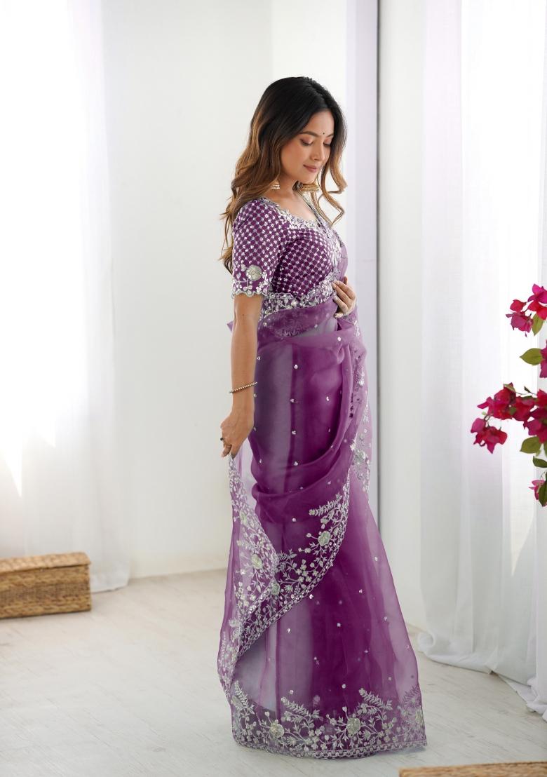 Wine Thread And Sequins Work Silk Saree Set - Indya