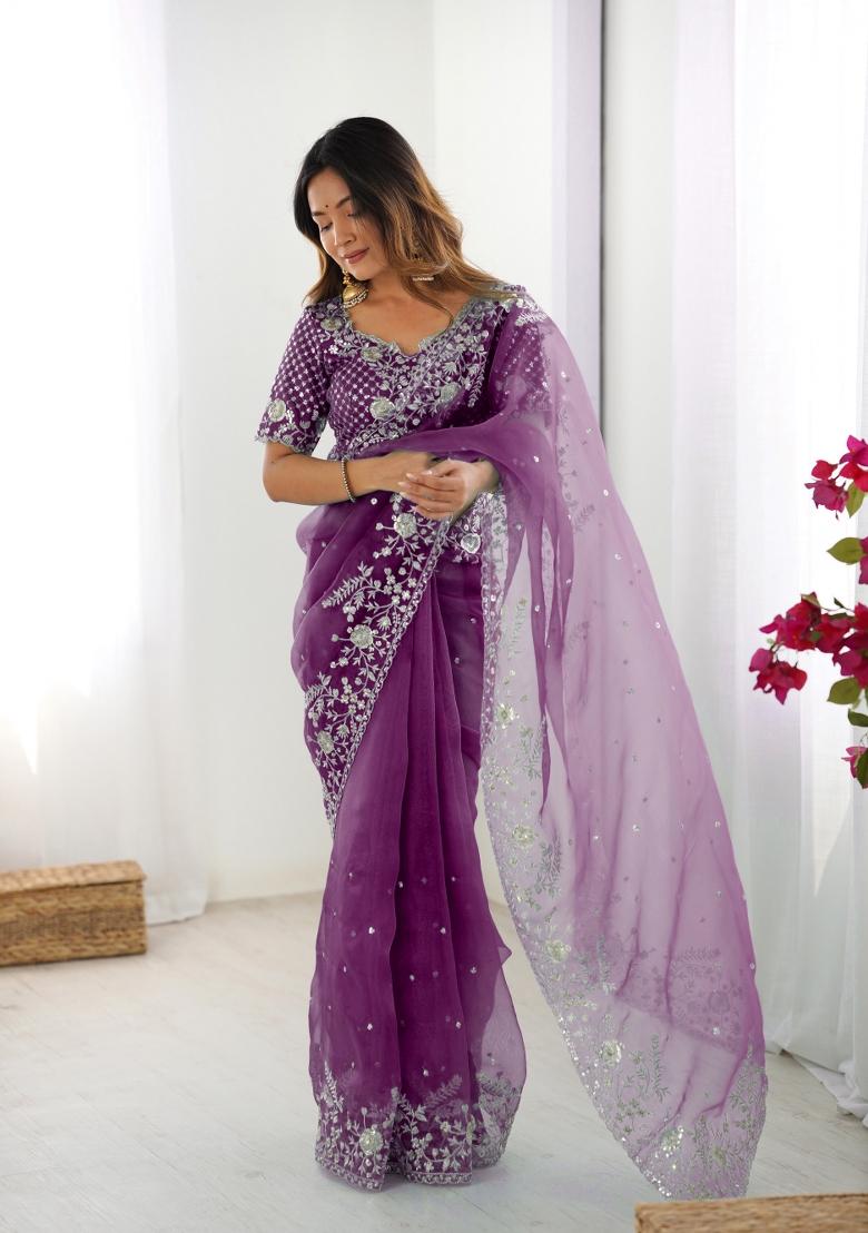 Wine Thread And Sequins Work Silk Saree Set - Indya