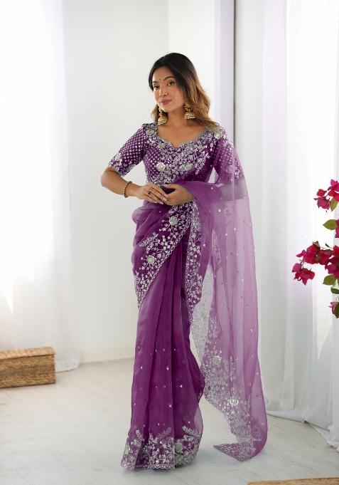 Wine Thread And Sequins Work Silk Saree Set