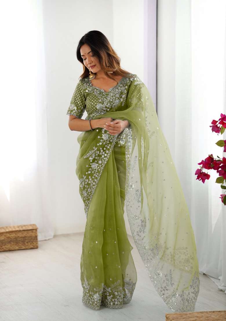 Olive Green Thread And Sequins Work Silk Blend Saree Set - Indya