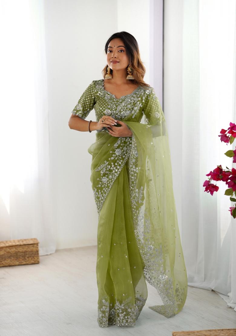Olive Green Thread And Sequins Work Silk Saree Set - Indya