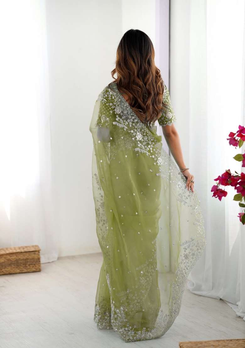 Olive Green Thread And Sequins Work Silk Blend Saree Set - Indya
