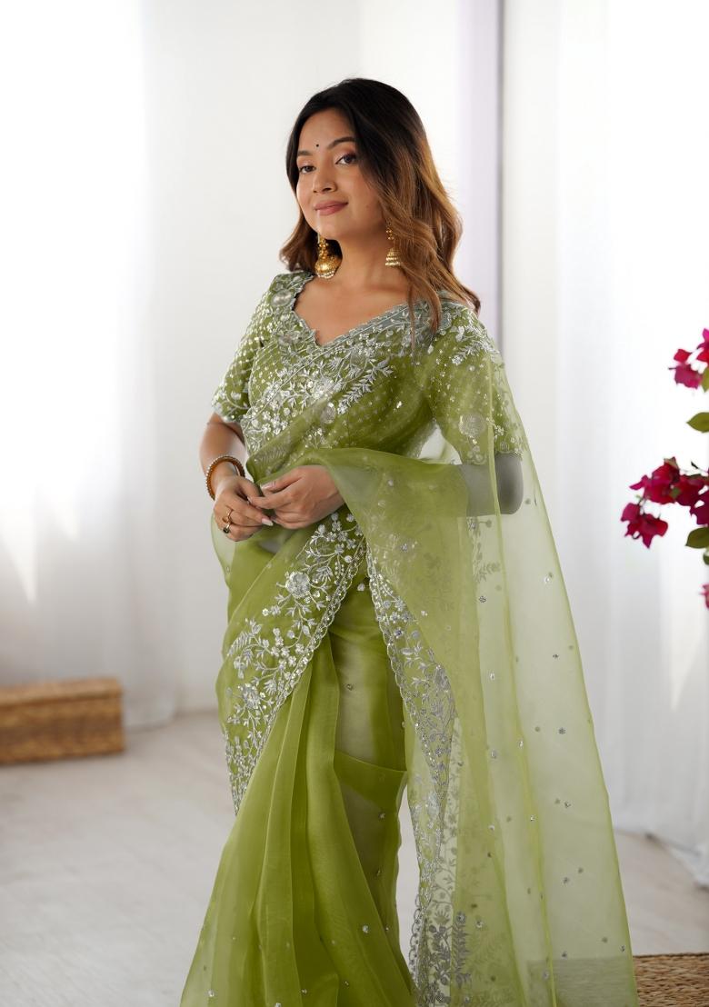 Olive Green Thread And Sequins Work Silk Saree Set - Indya
