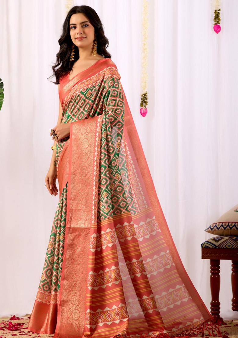 Green Geometric Print Silk Saree Set - Indya