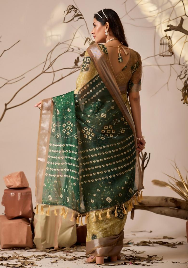 Mustard Printed Cotton Saree Set - Indya