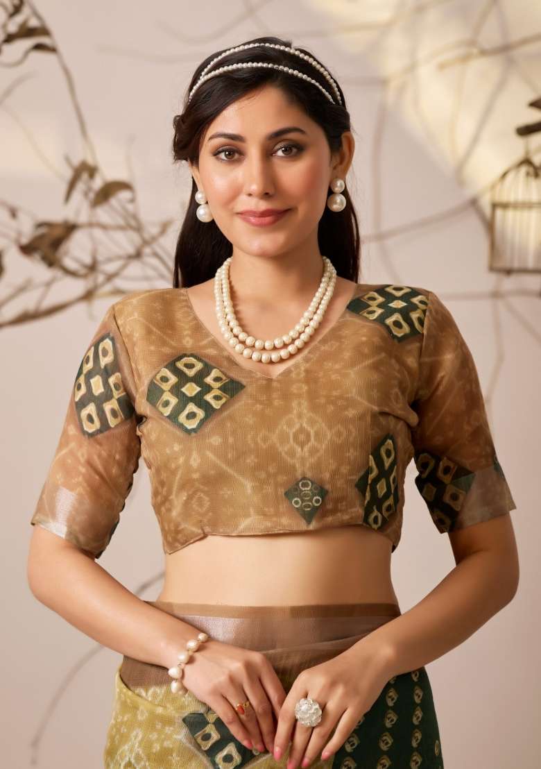 Mustard Cotton Saree Set with Printed for Diwali | Wedding & Festive Wear - Indya