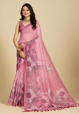 Pink Floral Print Cotton Saree Set
