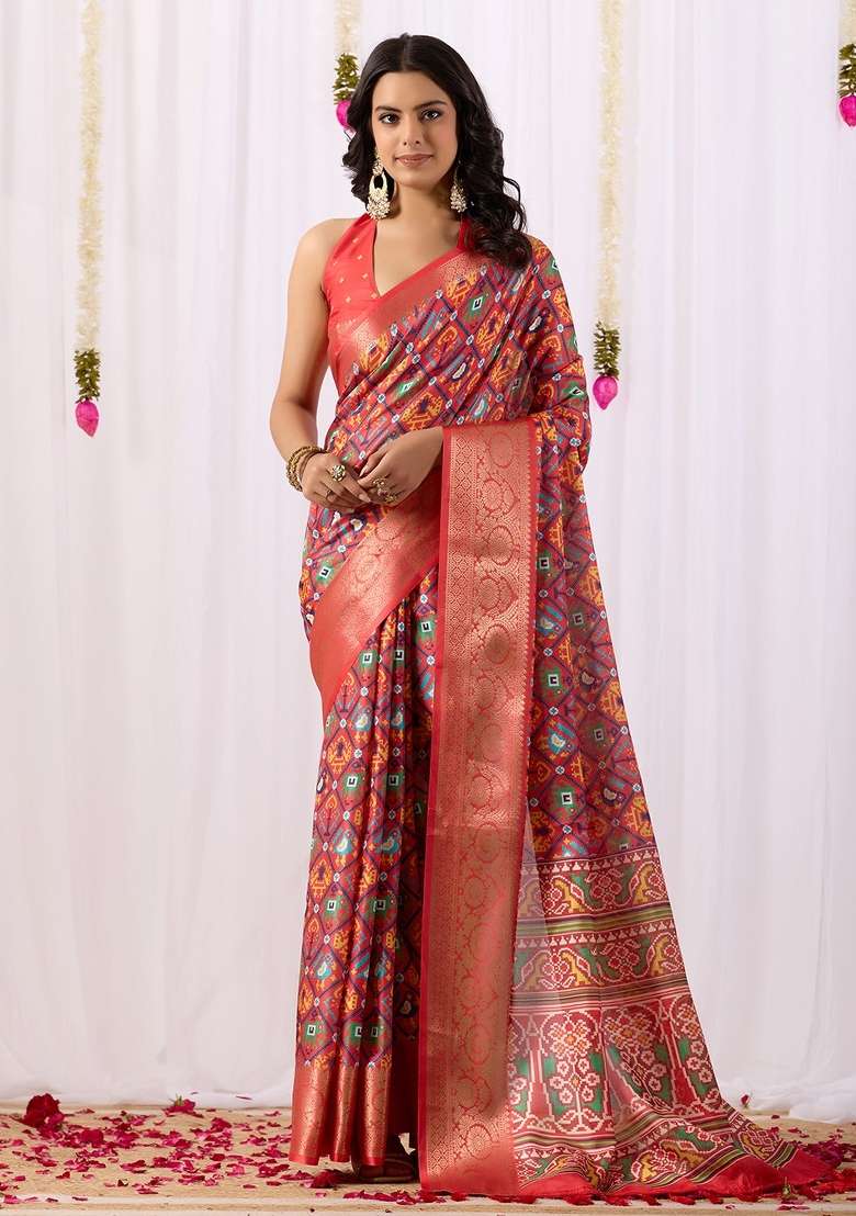 Red Weaving Work Silk Blend Saree Set for Diwali | Wedding & Festive Wear - Indya