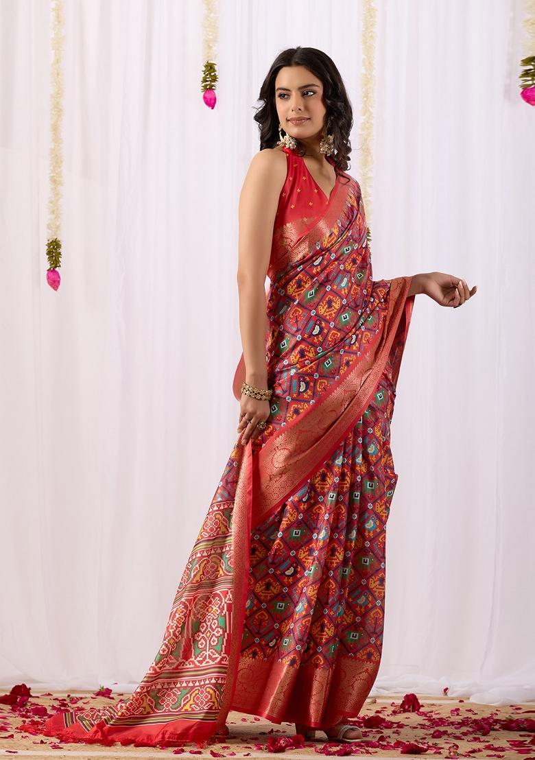 Red Weaving Work Silk Saree Set - Indya