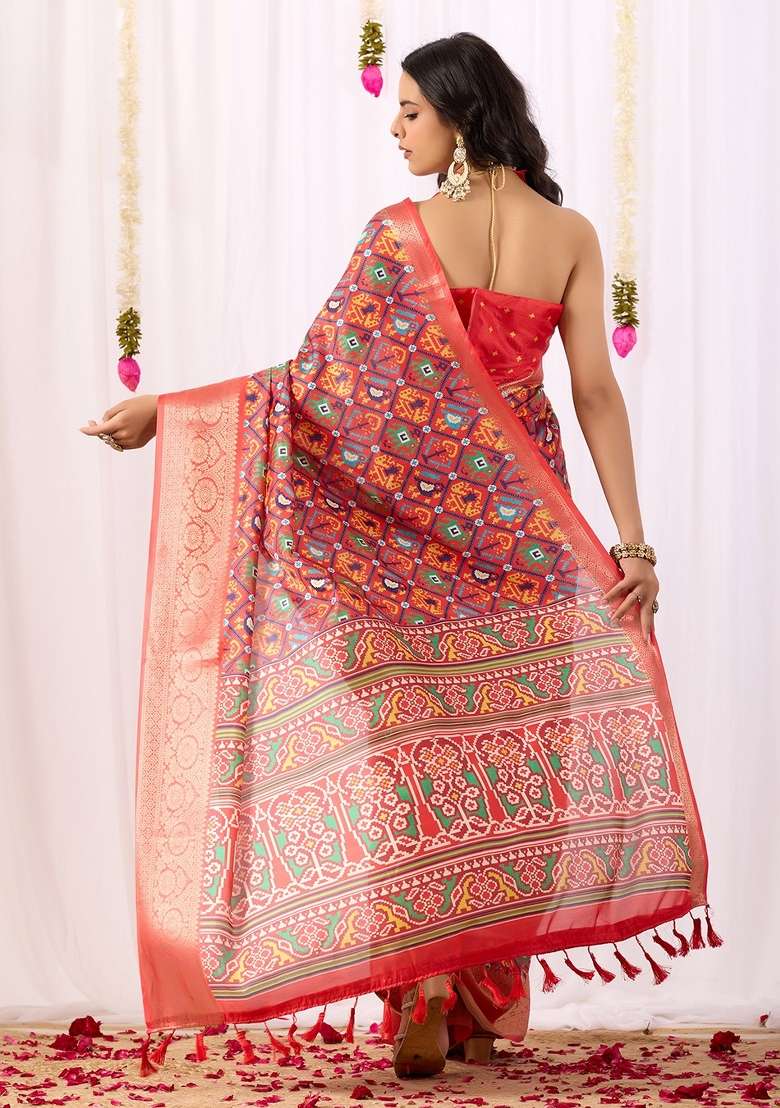 Red Weaving Work Silk Blend Saree Set for Diwali | Wedding & Festive Wear - Indya