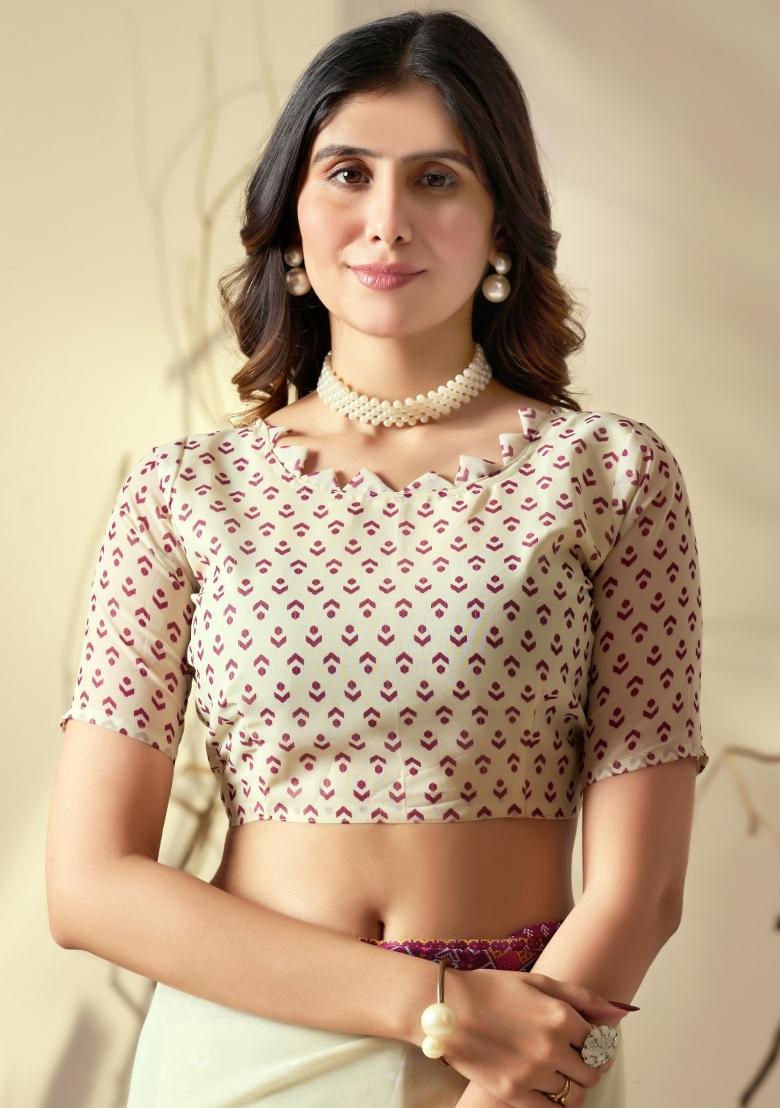 Off White Geometric Print Georgette Saree Set - Indya