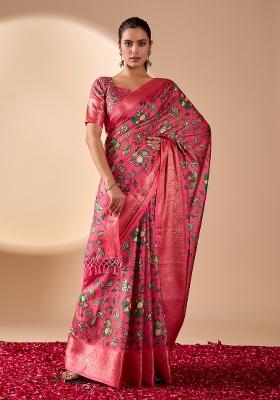 Pink Floral Print Silk Saree Set