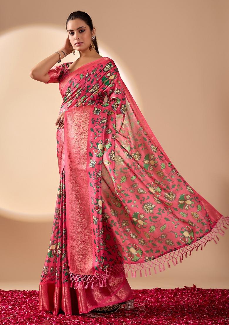 Pink Floral Print Silk Saree Set - Indya
