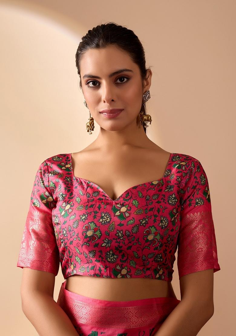 Pink Floral Print Silk Saree Set - Indya