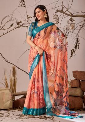 Orange Floral And Leaf Print Cotton Saree Set