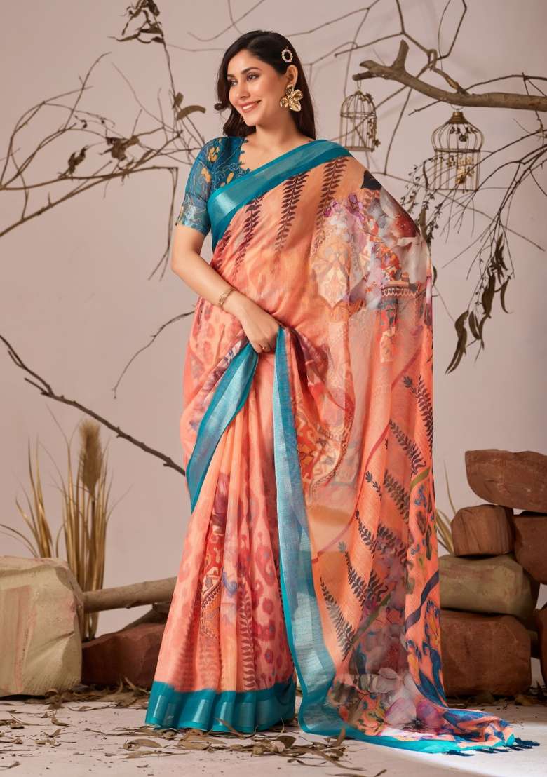 Orange Floral And Leaf Print Cotton Saree Set for Diwali | Wedding & Festive Wear - Indya