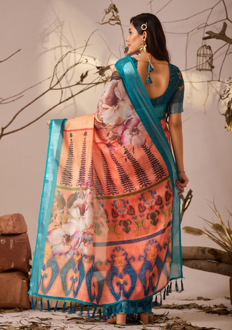 Orange Floral And Leaf Print Cotton Saree Set - Indya