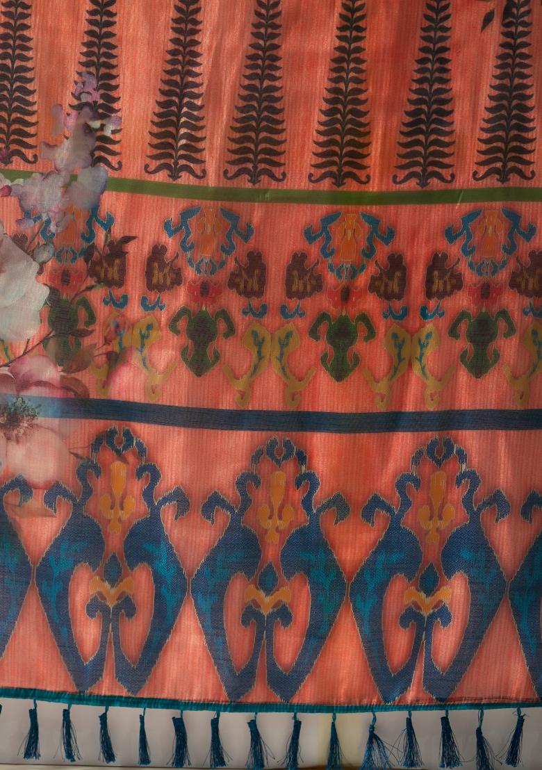 Orange Floral And Leaf Print Cotton Saree Set - Indya