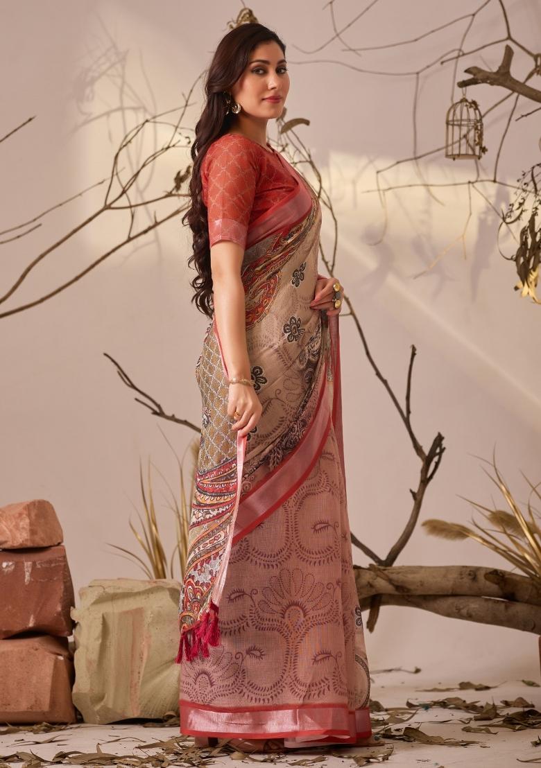 Beige Paisley Print Cotton Saree Set - Indya