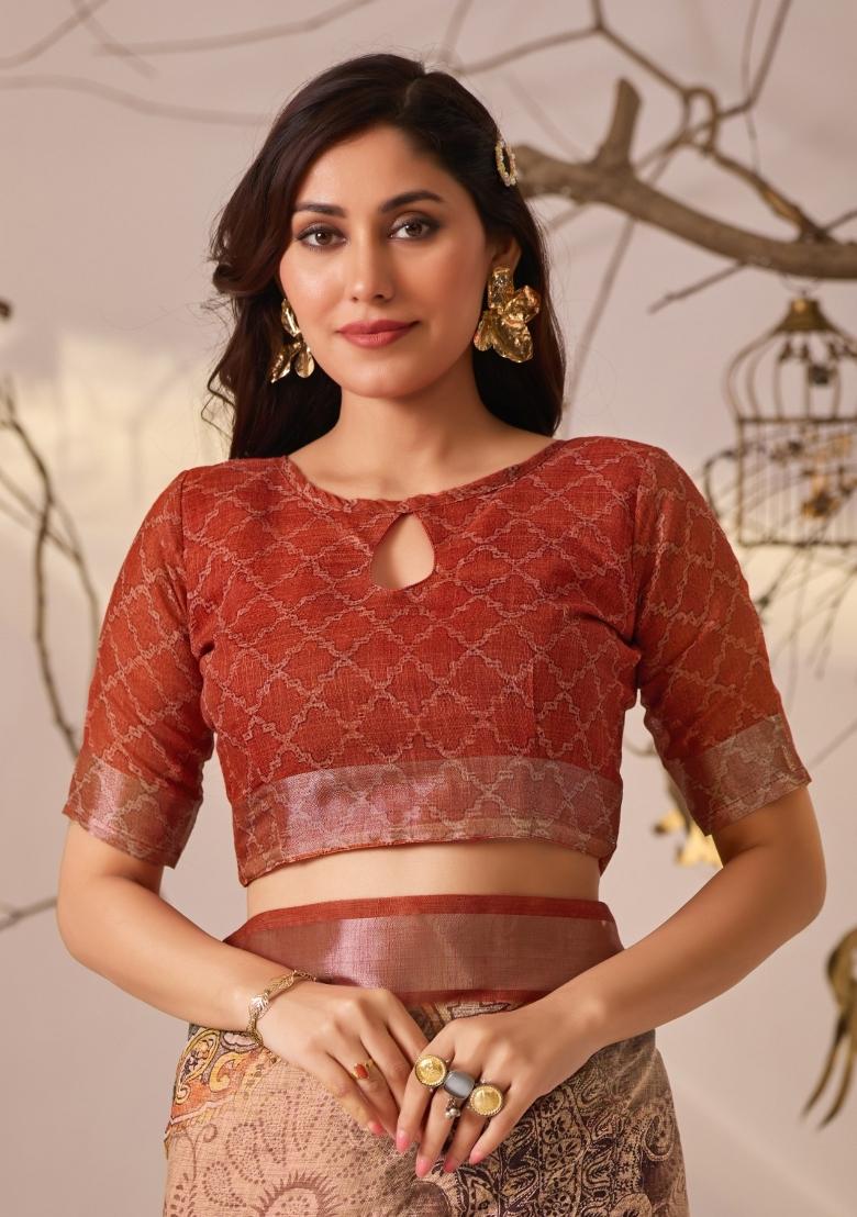 Beige Paisley Print Cotton Saree Set - Indya