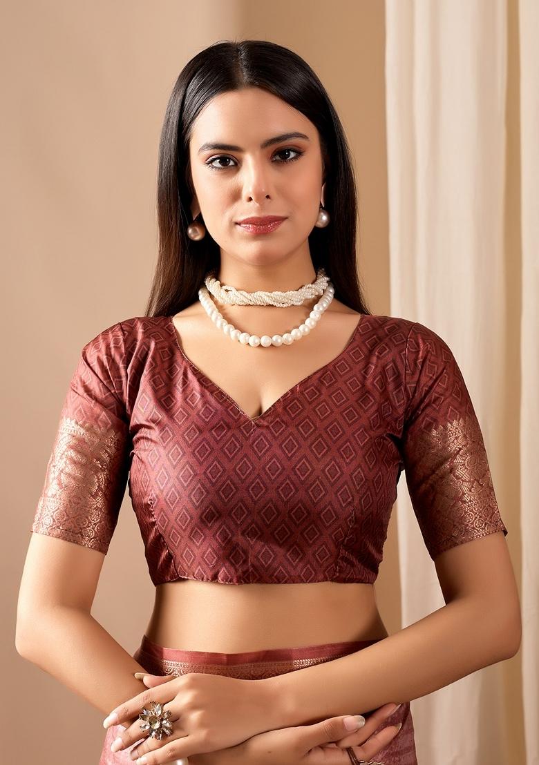 Rust Motif Silk Saree Set - Indya