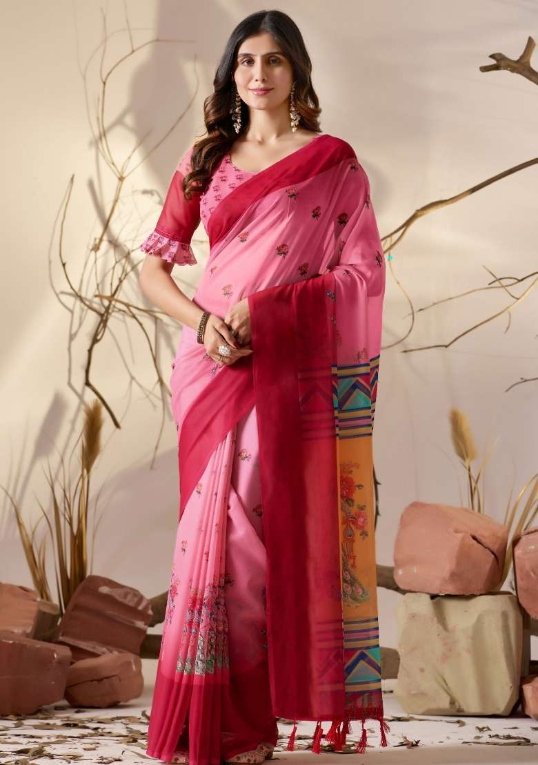 Pink Floral Print Georgette Saree Set for Diwali and Festive Wear - Indya