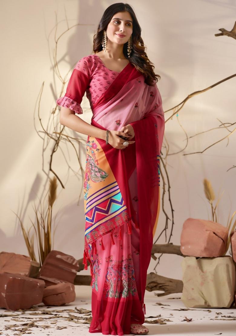 Pink Floral Print Georgette Saree Set - Indya