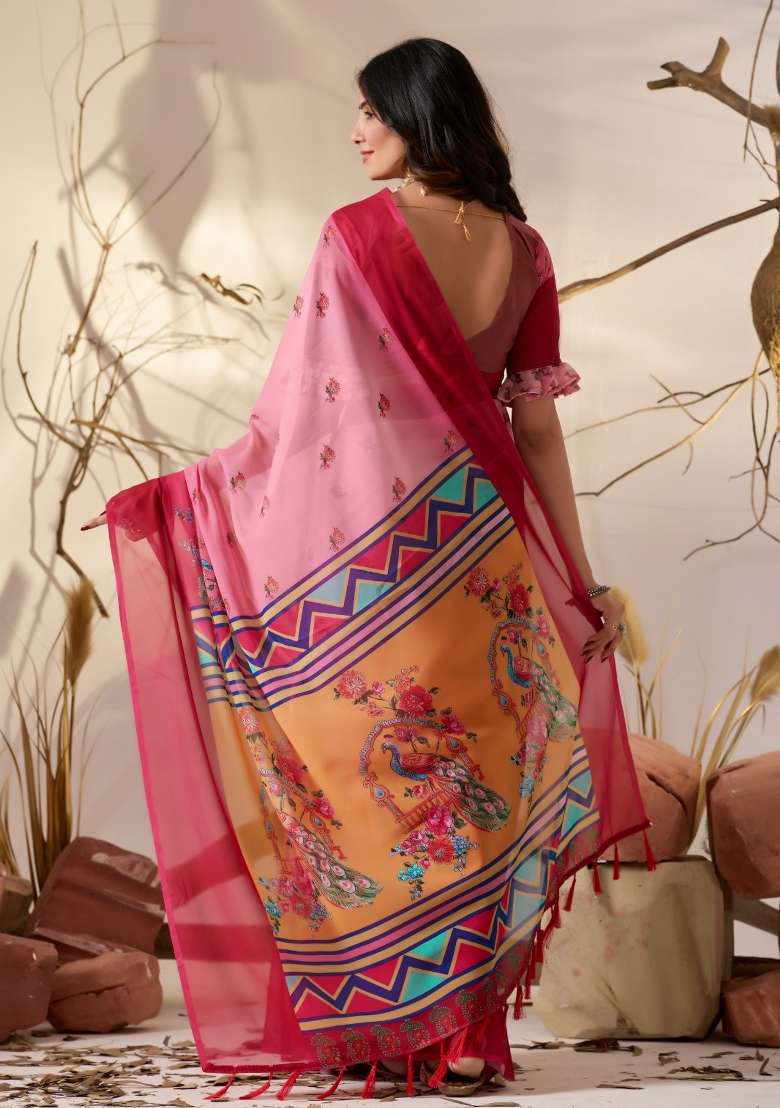 Pink Floral Print Georgette Saree Set for Diwali and Festive Wear - Indya