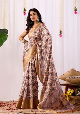 Cream Geometric Print Silk Saree Set