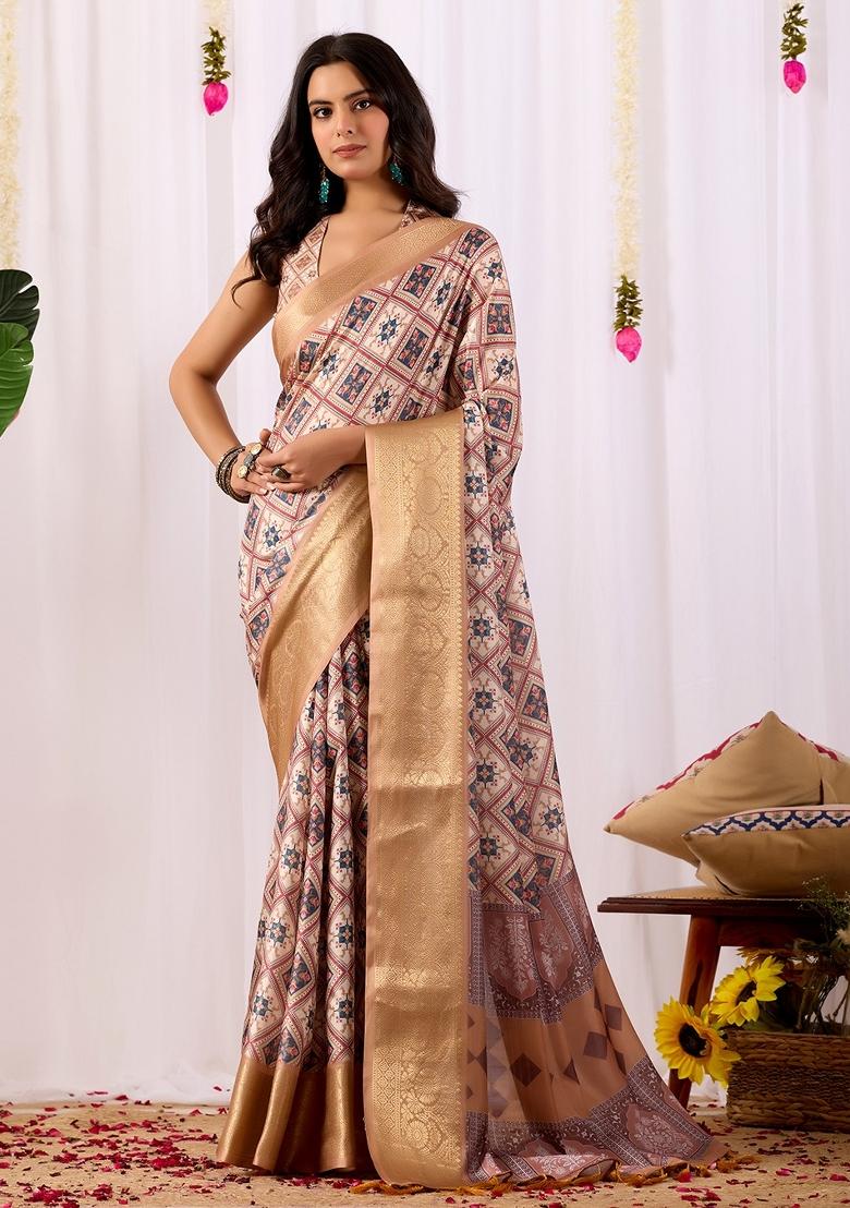 Cream Geometric Print Silk Saree Set - Indya