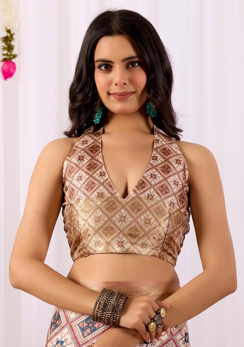 Cream Geometric Print Silk Saree Set - Indya