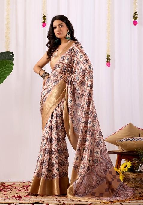 Cream Geometric Print Silk Saree Set
