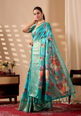 Sea Green Floral Print Silk Saree Set