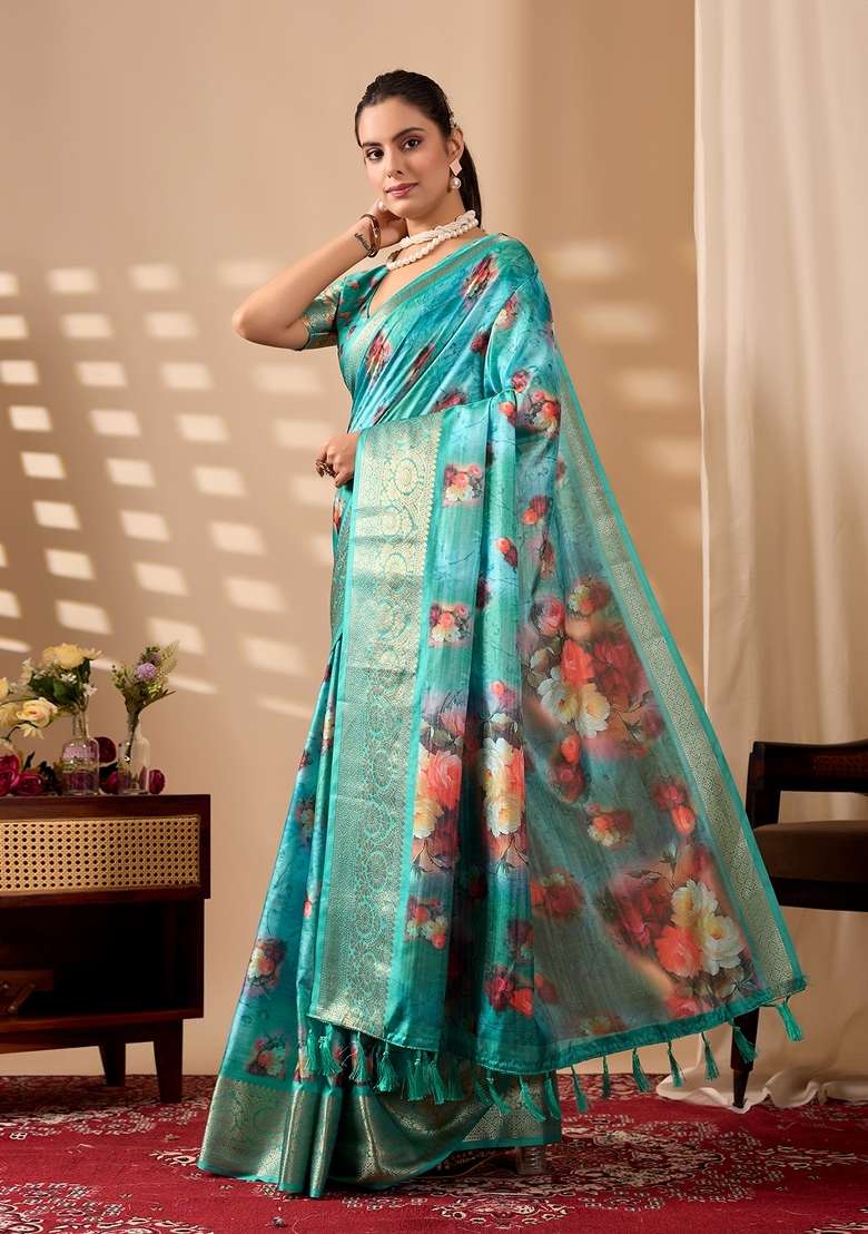 Sea Green Floral Print Silk Blend Saree Set for Diwali and Festive Wear - Indya