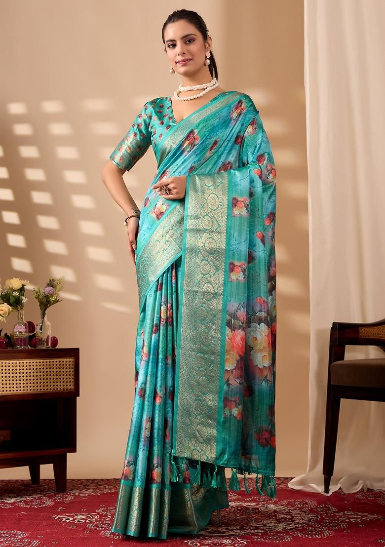 Sea Green Floral Print Silk Saree Set - Indya