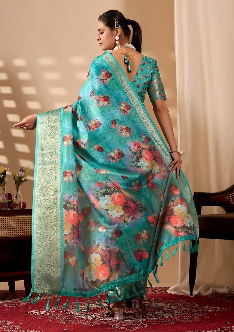 Sea Green Floral Print Silk Blend Saree Set for Diwali and Festive Wear - Indya