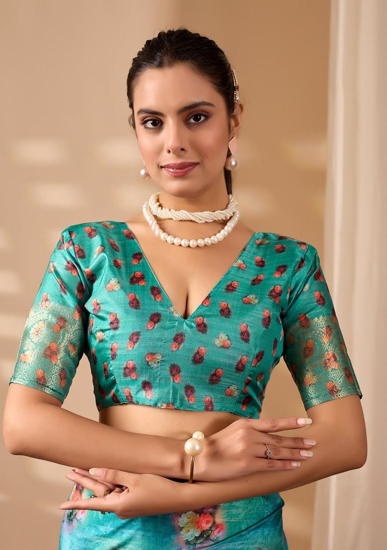 Sea Green Floral Print Silk Saree Set - Indya