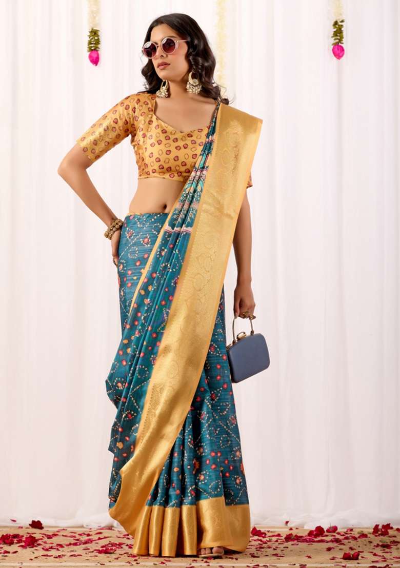 Teal Silk Blend Saree Set with Printed for Diwali | Wedding & Festive Wear - Indya