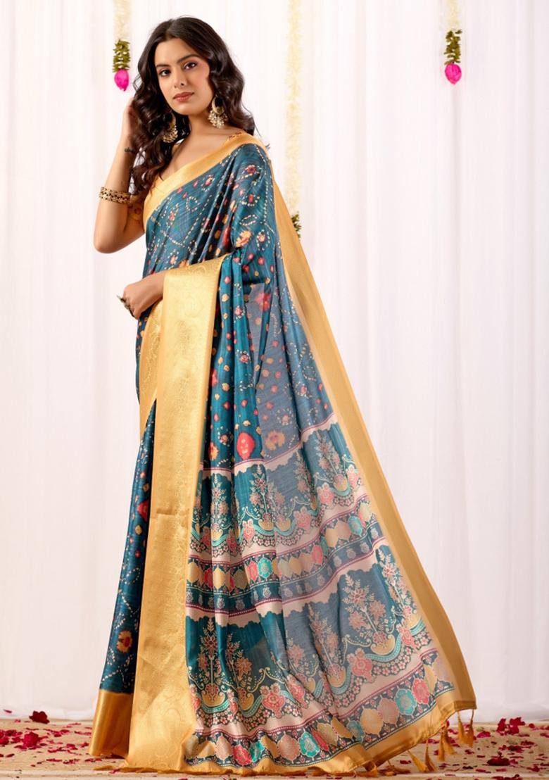 Teal Printed Silk Saree Set - Indya